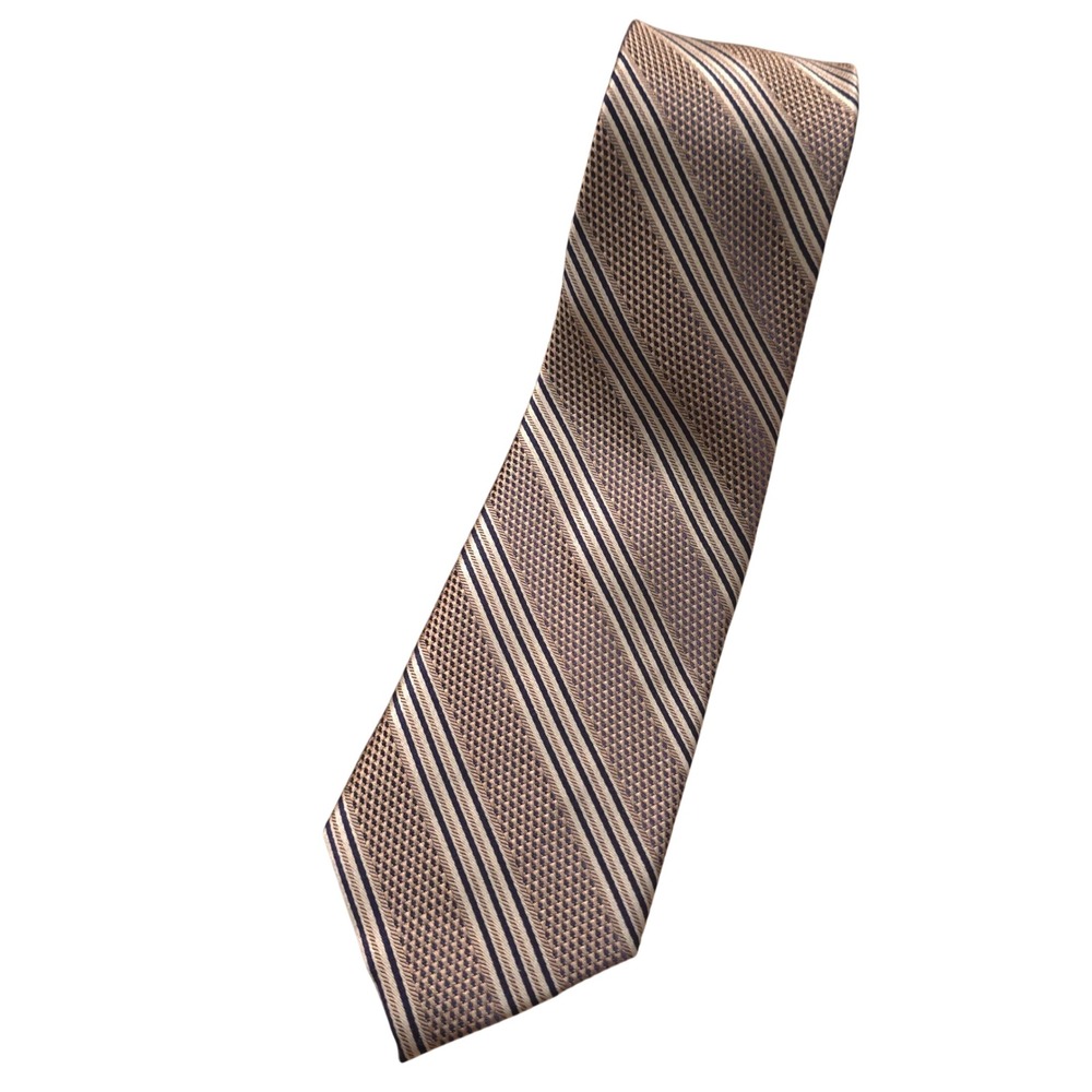 Joseph Abboud Mens Silk Necktie Champagne Navy Blue White Striped Woven Tie Work